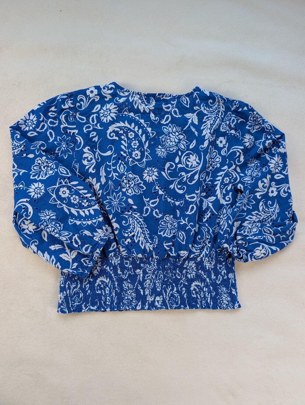 Melanie Lyne Paisley Smocked Waist Blouse Blue White Size M - Picture 8 of 17